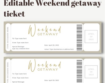 Editable and printable weekend getaway ticket template, modern vacation ticket design, invitation gift, Surprise Getaway gift coupon