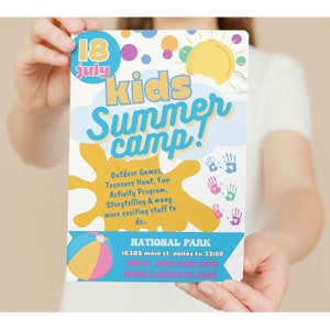 May include: A colorful flyer for a kids summer camp. The flyer has a yellow sun, blue sky, and a beach ball. The text on the flyer says "Kids Summer Camp!" and includes the date "18 July". The flyer also includes information about the camp, such as the address, phone number, and website.