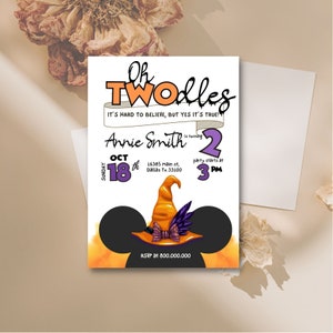 Editable and printable oh twodles Minni head Halloween birthday invitation, 2nd Mouse Girl birthday party, birthday Girl October party