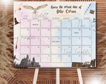 May include: A printable baby shower game with a Harry Potter theme. The game asks guests to guess the arrival date of Baby Carson. The game features a calendar with a due date marked. The calendar is decorated with watercolor-style clouds and a Hogwarts castle.