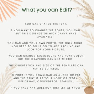 Puede incluir: Un gr&aacute;fico de texto con un fondo verde claro y un dise&ntilde;o de hoja de palma de color melocot&oacute;n. El texto dice "What you can Edit?" y enumera los elementos editables y no editables de una plantilla. El texto incluye "You can change the text", "You can add your own photo", "You can change background and font color", "The orientation and size of the template can not be editable", "To print it you download as a jpeg or pdf and the print it at your home or Fedex, OfficeMax, OfficeDepot, Staples...", y "If you have any question just let me know".