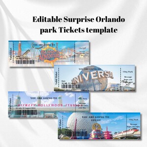 Puede incluir: Cuatro plantillas de boletos imprimibles para parques temáticos en Orlando, Florida. Cada boleto tiene una imagen de parque diferente y el texto "Vas a..." seguido del nombre del parque. Los boletos son válidos del 30 de julio al 12 de agosto.