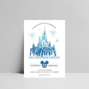 May include: Blue and white watercolor illustration of a castle with fireworks. The text "Matthew's Second Birthday" is below the castle. The date "Saturday 22 February" is below the text. The time "2:00 PM-7:00PM" is below the date. The address "16385 Main St, Houston TX 44100" is below the time. The text "RSVP at 500.000.000" is below the address.