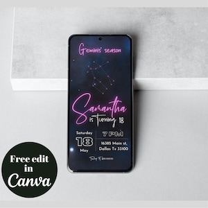 Telefon i edytowalny szablon zaproszenia urodzinowego Geminis Stars, edytowalne zaproszenie telefoniczne dla kobiet z sezonu Geminis, urodziny w maju, urodziny w czerwcu