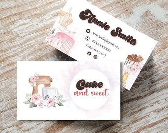 Bakery Editable Business Card Template, Watercolor Kitchen Pastry Sweets Cupcakes Business Card Design, DIY Edit Bakery Business Card
