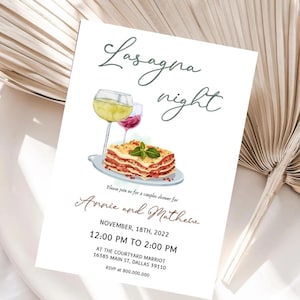 Druckbare Lasagne und Weinnacht minimalistische Einladungsvorlage, elegante Lasagne Abendessen einladen, Italienisch, Mädchen Nacht, Bachelorette einladen