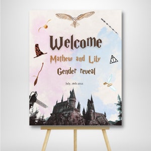 Editable Witch or Wizard gender reveal welcome sing template, magical boy or girl reveal sign, Witchcraft & Wizardry, he or she Magic reveal