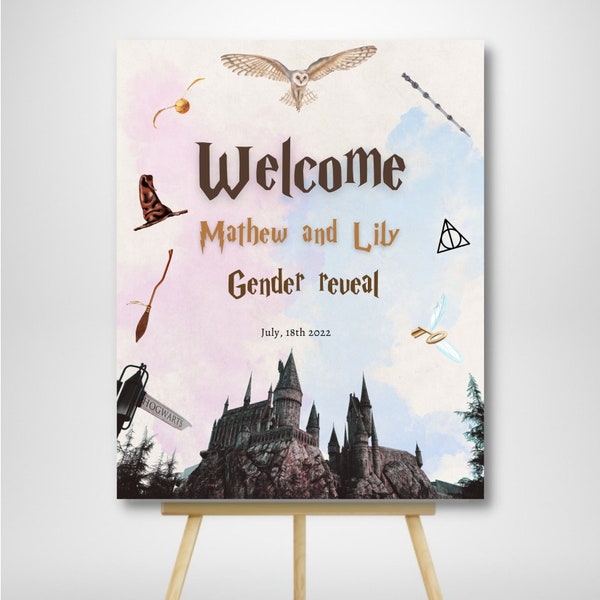 Editable Witch or Wizard gender reveal welcome sing template, magical boy or girl reveal sign, Witchcraft & Wizardry, he or she Magic reveal