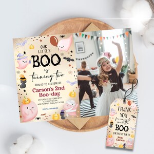 Editable and Printable Our Little Boo Birthday Invitation, Little Boo turning Two Halloween party, Ghost Birthday Cute Ghost thank you tag
