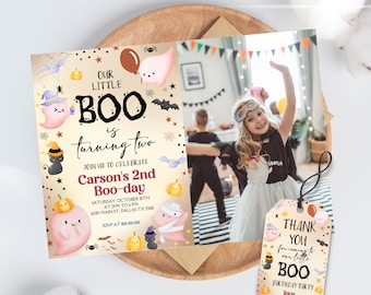 Editable e imprimible nuestra invitación de cumpleaños de Little Boo, Little Boo girando dos fiestas de Halloween, cumpleaños fantasma lindo fantasma gracias etiqueta