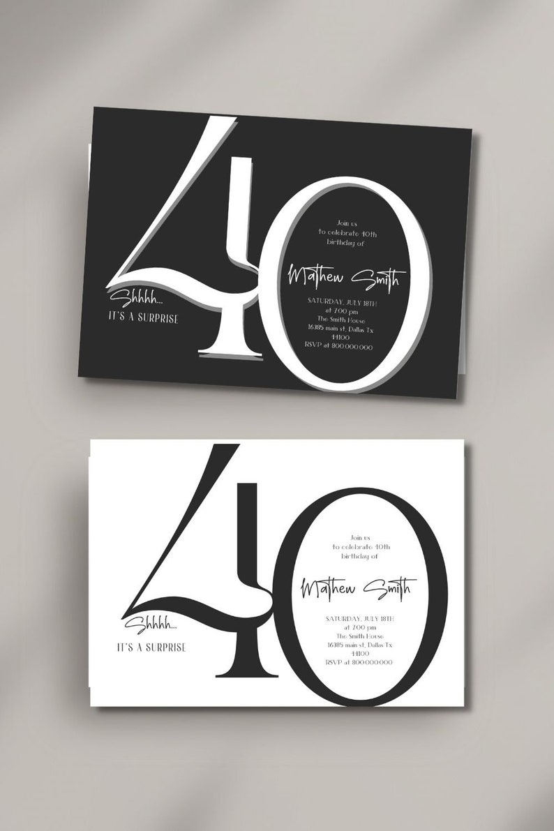 Editable and Printable 40th Elegant Birthday Invitation Template, Adult ...