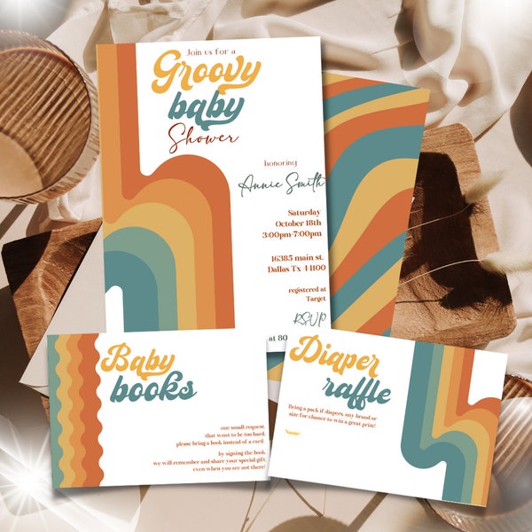 editable and Printable Groovy theme Baby Shower invitation, Retro baby shower, 70s Retro theme Baby shower invite, Bundle Shower invite