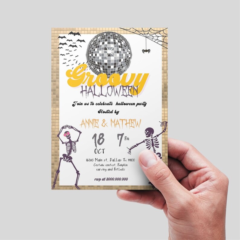 May include: A Halloween party invitation with a disco ball, bats, and spiderweb design. The invitation reads "Groovy Halloween" and includes party details, date, time, and RSVP information. Two skeleton figures are dancing.