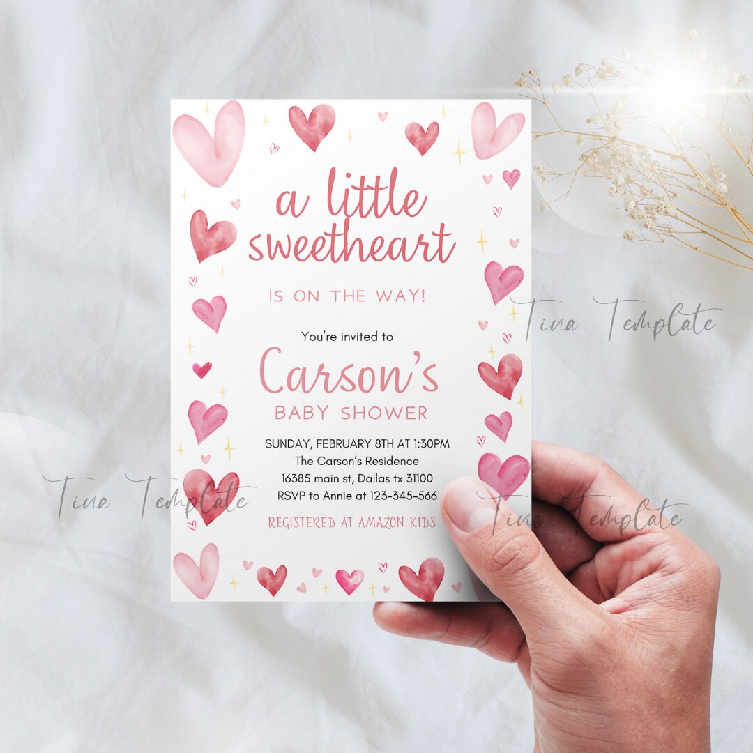 Pink Invitations Heart Editable A Little Sweetheart is on the Way Invitation Template, Hearts ...