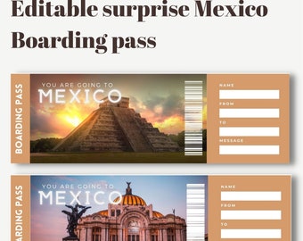 Printable and editable Mexico surprise trip gift ticket, Mexico Editable Boarding Pass, Trip to Mexico, Vacation Ticket, Editable pdf