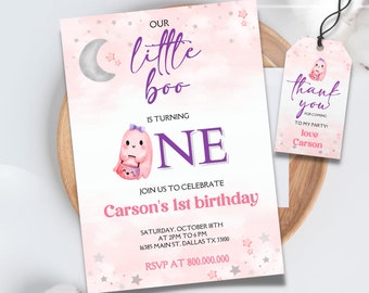 Editable e imprimible nuestra invitación de fiesta de cumpleaños de Little Boo, 1er cumpleaños de Halloween, invitación de Halloween de fantasma lindo rosa, fiesta de Little Boo
