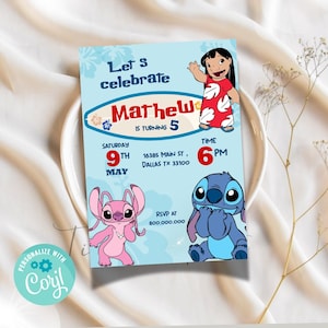 Modèle d'invitation de fête d'anniversaire modifiable Lilo et Stitch, invitation de fête Lilo et Stitch, fête Stitch, fête Lilo et Stitch