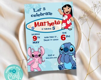 Lilo and Stitch Birthday Party Invitation Template, Editable Invite (Digital)