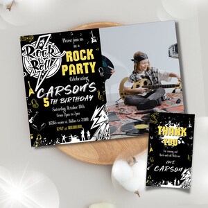 Invitation de fête d'anniversaire Rock and Roll modifiable et imprimable, fête Rock and Roll, invitation d'anniversaire Punk Rock, étiquette de remerciement Rock and roll