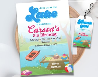 Editable and printable Lake Birthday Party Invitation template, Boat Lake Birthday Party, Summer Lake Party, Birthday At The Lake Party