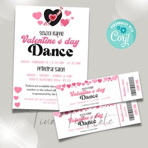 Bearbeitbare und druckbare Valentine's Dance Flyer Vorlage, Valentine School Dance Flyer, Dance Ticket Template, School Dance Tickets Vorlage