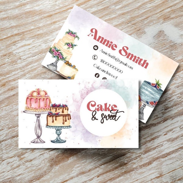 Editable cake Business card design template, Sweet and Cake Business card, Cake Business, Watercolor cake And Sweet bakery Business