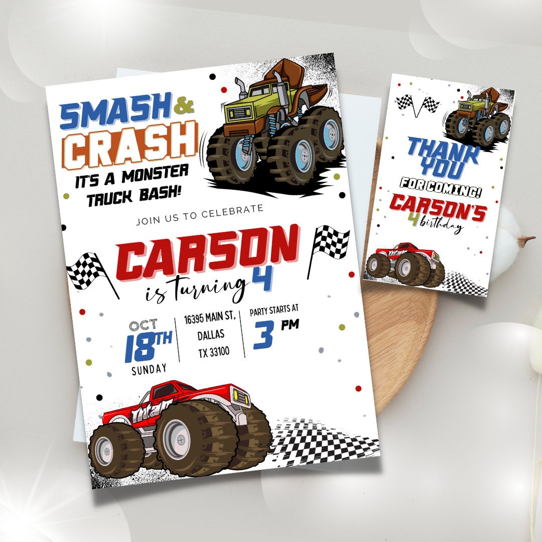 Bearbeitbare Monster Truck Geburtstagseinladungsvorlage, Monster Truck Geburtstagseinladung, Smash und Crash Kindergeburtstagsfeier einladen, Danke Tag