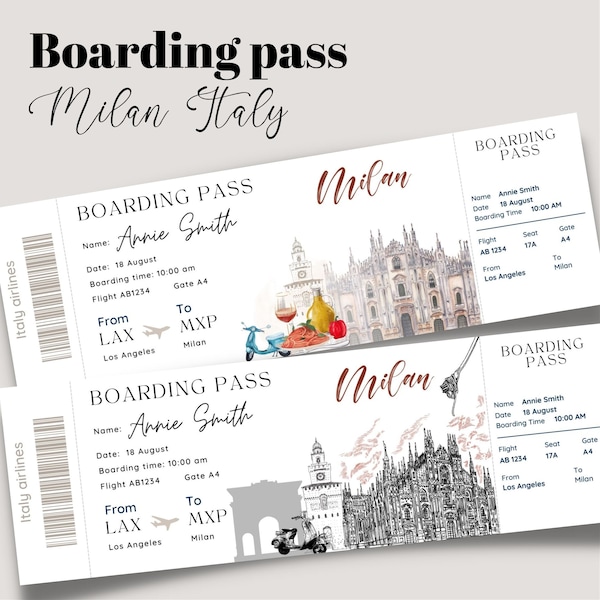 Bearbeitbare Mailand Italien Reise Bordkarte Vorlage, Mailand druckbare Flugticket, Italien Bordkarte Überraschungsreise, DIY Bordkarte