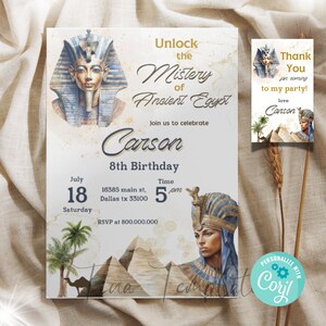 Editable Egyptian Party invitation template, Egyptian Themed birthday party invite, Unlock the Mystery of Ancient Egypt party, Corjl invite