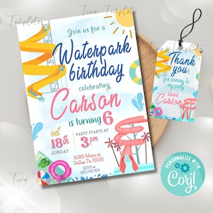 Bearbeitbare und druckbare Wasserpark-Partyeinladungsvorlage, Wasserrutsche einladen, Wasserpark-Geburtstagsfeier, Pool-Sommerparty, Danke-Tag