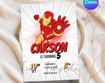 Edytowalny szablon zaproszenia na przyjęcie urodzinowe Iron Man, zaproszenie na przyjęcie urodzinowe Iron Man w każdym wieku, przyjęcie urodzinowe superbohatera, przyjęcie dla chłopców
