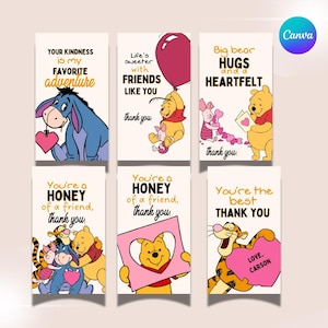 Plantillas de etiquetas de regalo de San Valentín editables de Winnie the Pooh y sus amigos, etiquetas de regalo de Tigger, plantillas de etiquetas de agradecimiento para regalos de San Valentín