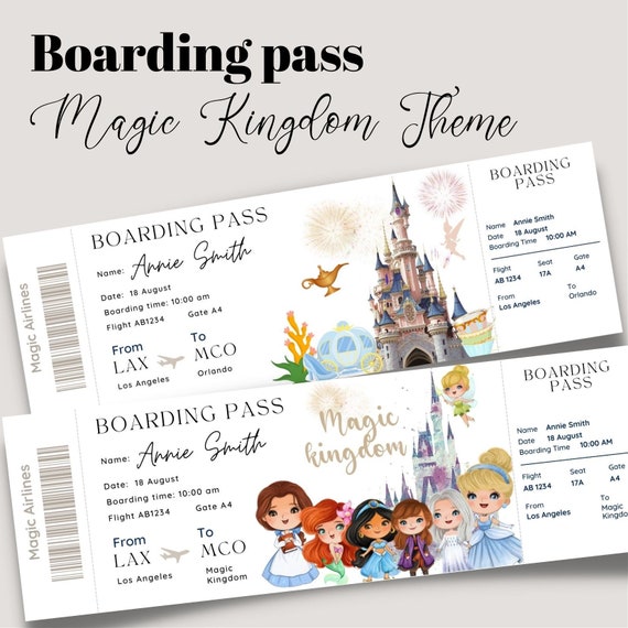Printable Ticket to Magic Kingdom Editable, Boarding Pass to Park Theme , Princess trip to Orlando boarding pass, Magic Castle Vacation