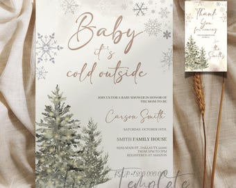 editable Baby It's Cold Outside Neutral Baby Shower invitation template, Neutral winter invite baby shower, Thank you Tag baby shower