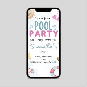 Electronic girl pool party reunion invitation template, Mobile summer girl party invite, boho pool invitation, pool party e text invitation