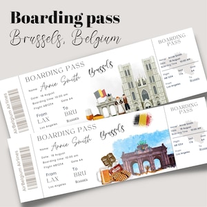 Tarjeta de embarque sorpresa para Bruselas Bélgica imprimible y editable, plantilla de billete de viaje a Bruselas, billete de vacaciones, tarjeta de embarque