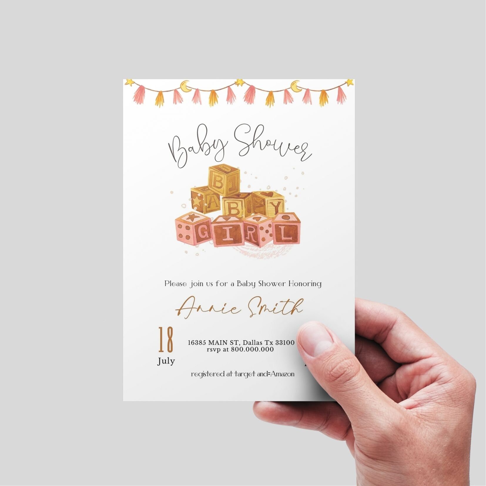 Editable and Printable Kids Blocks Baby Shower Invitation, Baby Girl ...