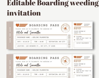 Editable boarding wedding ticket invitation template, Airline wedding invitation, Fun invitation Wedding idea, editable template, Printable