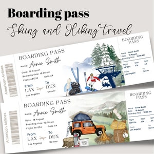Afdrukbaar en bewerkbaar wandel- of skireis-instapkaartticket, reisticket naar Colorado, Utah vakantieticket, bewerkbare sjabloon