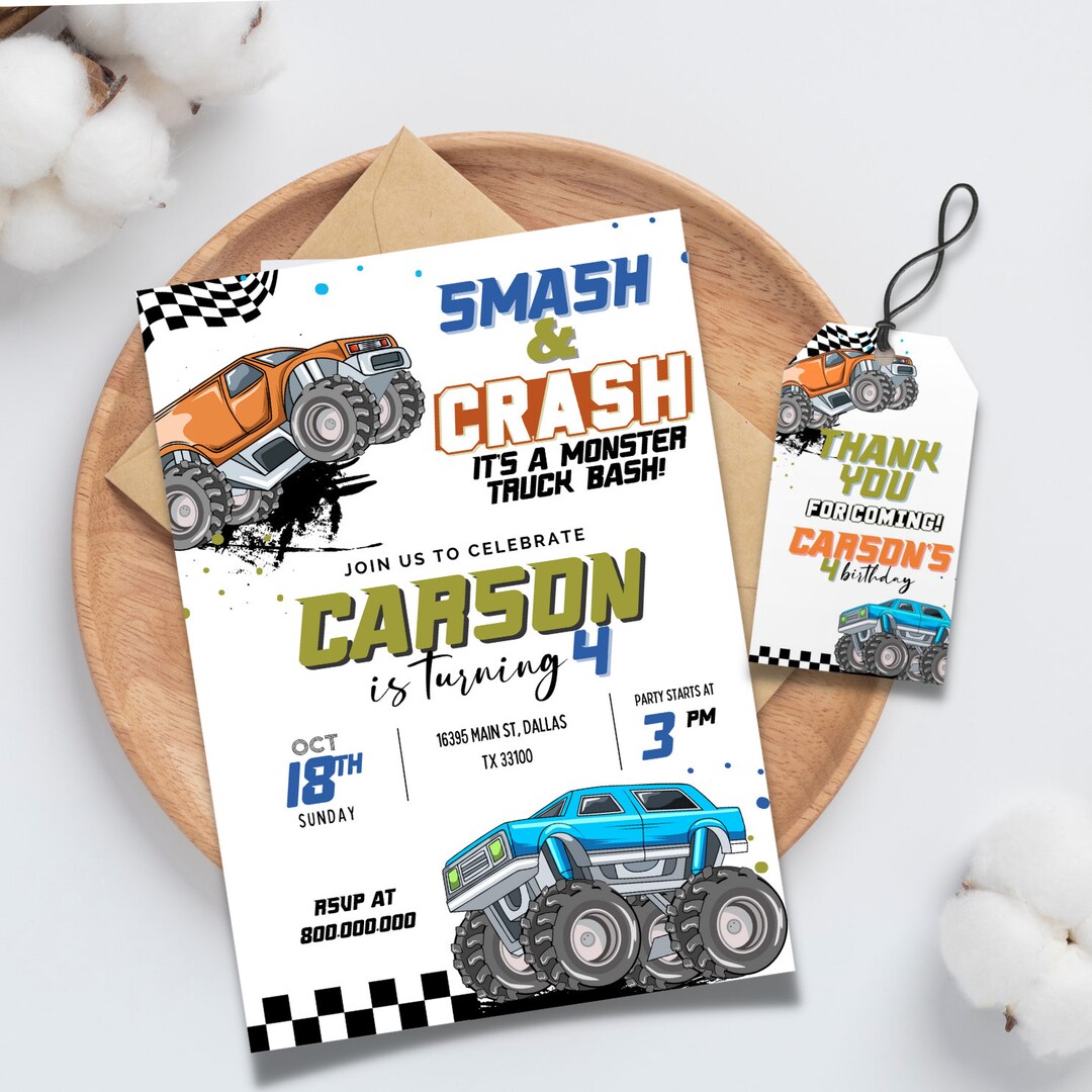Editable Monster Truck Birthday Invitation Template, Monster Truck ...