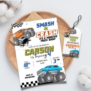 Editable Monster Truck Birthday invitation template, Monster Truck birthday invite, Smash and Crash kid birthday party invite, Thank you tag