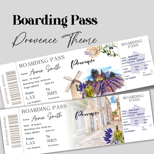 Printable and editable Provence Surprise boarding pass ticket, trip to France Provence Vacation ticket, editable template, France trip