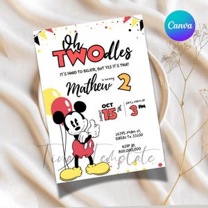Editable oh twodles vintage Mickey birthday invitation, 2nd Mickey boy birthday party, 2 Mouse birthday boy invite template