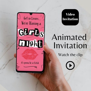 Invitación de video animado inspirado en Mean Girls, invitación por videoteléfono de Girl&#39;s Night, fiesta de cumpleaños de Burn Book evite, fiesta rosa de chicas Mean Girls