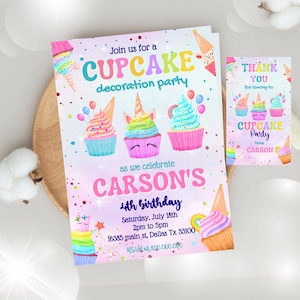 Plantilla de invitación de cumpleaños infantil editable e imprimible Unicorns Cupcakes, fiesta de decoración de Unicorn Cupcake, invitación a fiesta de Cupcake, gracias