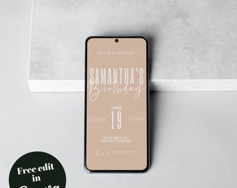 May include: A mobile phone screen displaying a birthday invitation for Samantha. The invitation is on a beige background with white text. The text reads "Join us to celebrate Samantha's Birthday, Sunday, June 19, 2-7 PM, 16385 Main St., Dallas TX 44100, RSVP at 600.000.000".