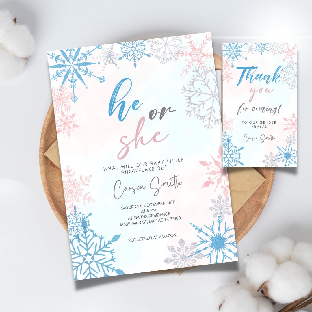 Editable and Printable Winter Gender Reveal Party Invitation, He or She ...