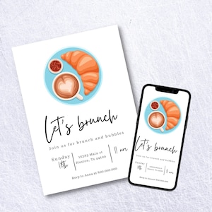 Op de afbeelding: Een brunch-uitnodiging met een blauwe en witte illustratie van een croissant, koffie en jam. De tekst luidt "Let's brunch" en bevat details over het evenement, zoals de datum, tijd en locatie.
