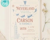 Printable Peter Pan party vintage invitation template, Peter Pan Neverland birthday party invite, Never grow up Birthday, Corjl template