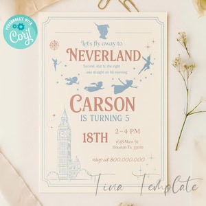 Modèle imprimable d&#39;invitation vintage Peter Pan party, invitation à une fête d&#39;anniversaire Peter Pan Neverland, anniversaire Never Grow Up, modèle Corjl